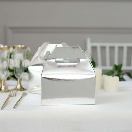 25 Pack Metallic Silver Party Favor Gift Tote Gable Box Bags, Candy Treat Boxes 6"x3.5"x7"