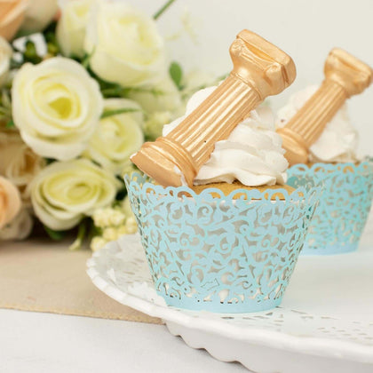 25-Pack Paper Cupcake Wrappers Light Blue Lace Laser Cut Design - Muffin Baking Cup Trays for Events
