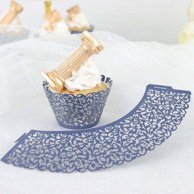 25-Pack Paper Cupcake Wrappers Navy Blue Lace Laser Cut Design - Muffin Baking Cup Trays for Events