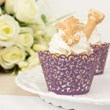 25-Pack Paper Cupcake Wrappers Purple Lace Laser Cut Design - Muffin Baking Cup Trays for Events