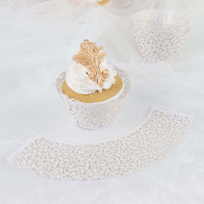 25-Pack Paper Cupcake Wrappers White Lace Laser Cut Design - Muffin Baking Cup Trays for Events
