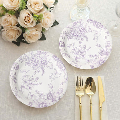 25-Pack Paper Round Dessert Plates 7" White with Lavender Lilac French Toile Pattern - Disposable Floral Salad Appetizer Plates