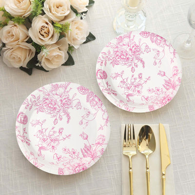 25-Pack Paper Round Dessert Plates 7" White with Pink French Toile Pattern - Disposable Floral Salad Appetizer Plates