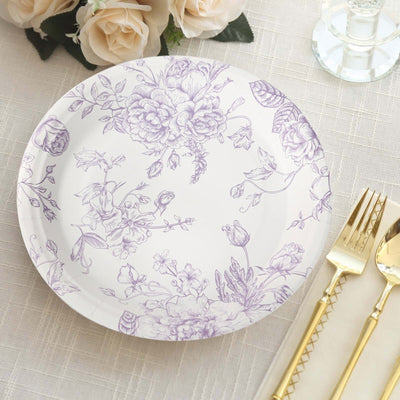 25-Pack Paper Round Dinner Plates 9" White with Lavender Lilac French Toile Pattern - Disposable Floral Party Plates for Chic Events