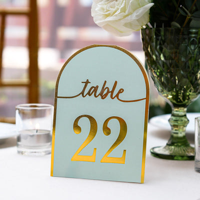 25-Pack Disposable Table Numbers 7" Dusty Blue Free Standing Double Sided Table Number Place Cards with Metallic Gold Foil Numbers 1-25