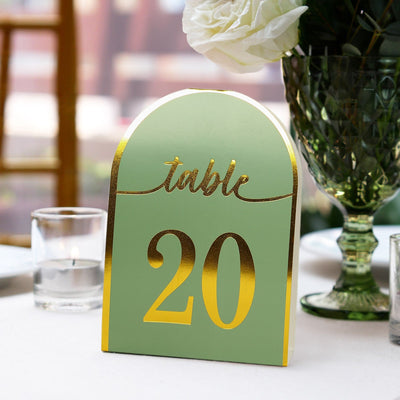 25-Pack Disposable Table Numbers 7" Sage Green Free Standing Double Sided Table Number Place Cards with Metallic Gold Foil Numbers 1-25