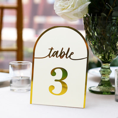 25-Pack Disposable Table Numbers 7" White Free Standing Double Sided Table Number Place Cards with Metallic Gold Foil Numbers 1-25