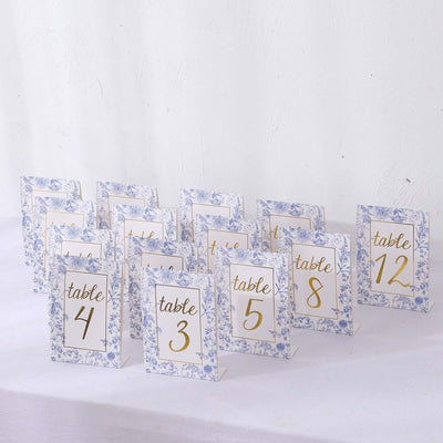 25-Pack Paper Wedding Table Numbers 7" White/Blue French Toile Design with Gold Foil Numbers 1-25 Chic Free Standing Double Sided Table Sign Cards
