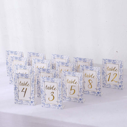 25-Pack Paper Wedding Table Numbers 7" White/Blue French Toile Design with Gold Foil Numbers 1-25 Chic Free Standing Double Sided Table Sign Cards