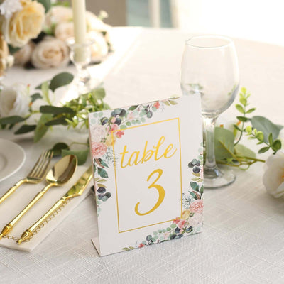 25-Pack Paper Wedding Table Numbers 7" White/Gold Peony Flowers Design with Foil Numbers 1-25 Chic Free Standing Double Sided Table Sign Cards