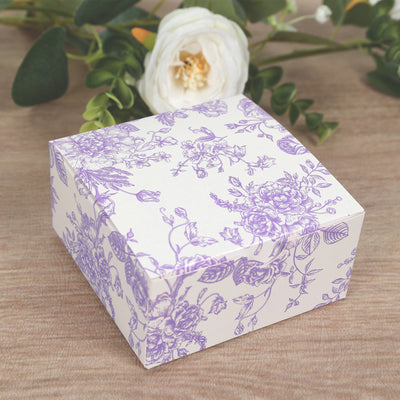 25 Pack Party Favor Gift Boxes in French Toile Pattern, Matte Lavender and White Candy Boxes - Cardstock Paper - 4"x4"x2"