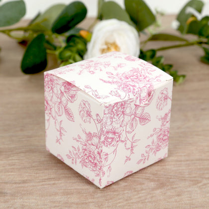 25 Pack Party Favor Gift Boxes in French Toile Pattern - Matte Pink and White Candy Treat Boxes, Cardstock Paper - 3"x3"