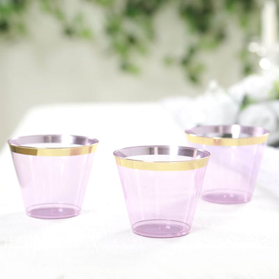 25-Pack Plastic Party Cups 9oz Purple Crystal with Gold Rim - Short Disposable Drink Tumblers