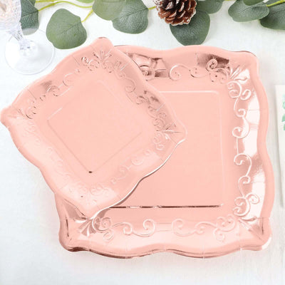 25-Pack Paper Square Dessert Plates 7" Rose Gold with Vintage Pottery Embossed Design - Shiny Metallic Disposable Appetizer Plates