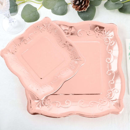 25-Pack Paper Square Dessert Plates 7" Rose Gold with Vintage Pottery Embossed Design - Shiny Metallic Disposable Appetizer Plates