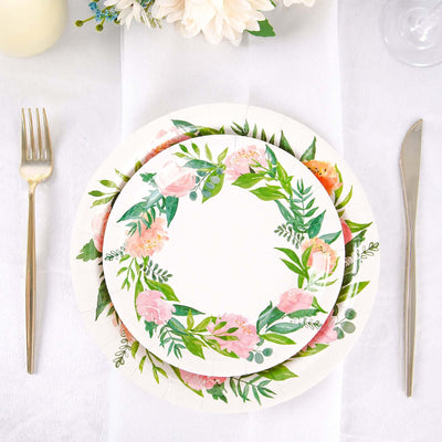 25-Pack Paper Round Dessert Plates 7" White with Rose/Peony Flower Wreath - Disposable Appetizer Salad Plates for Bridal Showers & Garden Parties