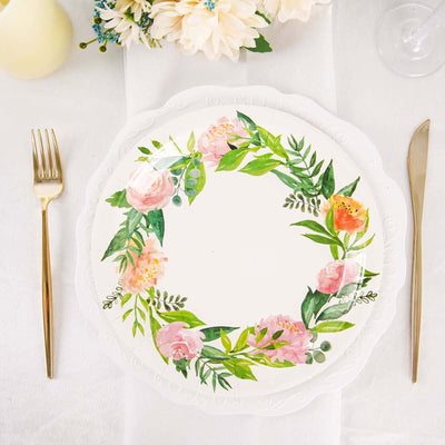 25-Pack Paper Round Dinner Plates 9" White with Rose/Peony Flower Wreath - Disposable Party Plates for Special Occasions & Gatherings