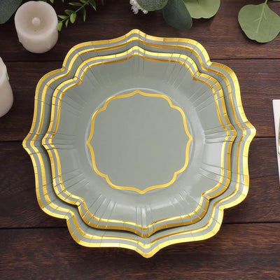 25-Pack Paper Dessert Plates 8" Sage Green with Gold Scallop Rim - 300GSM Disposable Appetizer Salad Plates