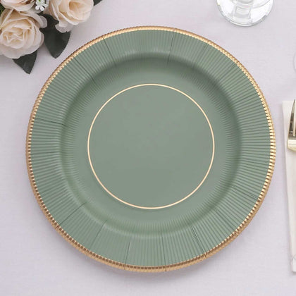 25-Pack Disposable Round Charger Plates 13" Sage Green Sunray Design with Gold Rim - 350GSM Heavy Duty Paper Placemats