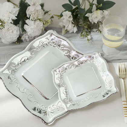 25-Pack Paper Square Dessert Plates 7" Silver with Vintage Pottery Embossed Design - Shiny Metallic Disposable Appetizer Plates