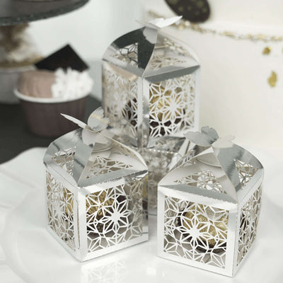 25 Pack Silver Butterfly Top Laser Cut Lace Favor Candy Gift Boxes