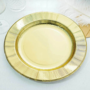 Gold decorative charger plate with a textured rim.