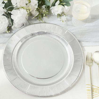 25-Pack Disposable Round Charger Plates 13" Metallic Silver Sunray Design - 350GSM Heavy Duty Cardboard Placemats