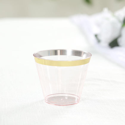 25-Pack Plastic Party Cups 9oz Transparent Blush Crystal with Gold Rim - Short Disposable Drink Tumblers