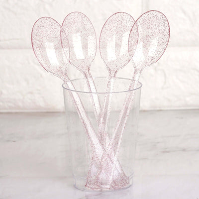 25-Pack Plastic Spoons 7" Transparent Blush Glitter Classic Heavy Duty - Sparkly Disposable Utensils