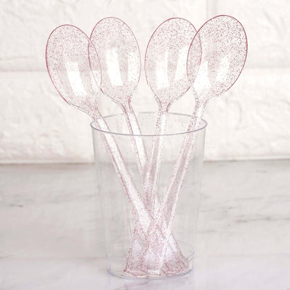 25-Pack Plastic Spoons 7" Transparent Blush Glitter Classic Heavy Duty - Sparkly Disposable Utensils