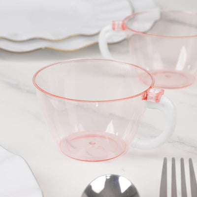 25-Pack Transparent Blush Plastic Coffee Cups with Handles 6oz - Hard Disposable Tea Mugs for Hot Drinks