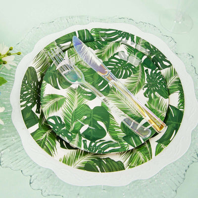 25-Pack Paper Round Dessert Plates 7" White with Tropical Palm Leaf Design - 300GSM Disposable Appetizer Salad Plates for Luau & Summer Gatherings