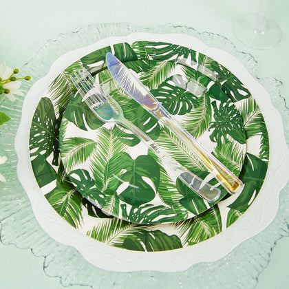 25-Pack Paper Round Dessert Plates 7" White with Tropical Palm Leaf Design - 300GSM Disposable Appetizer Salad Plates for Luau & Summer Gatherings