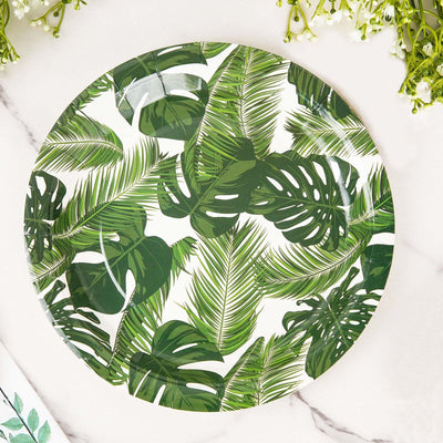 25-Pack Paper Round Dinner Plates 9" White with Tropical Palm Leaf Design - 300GSM Disposable Party Plates for Boho Chic & Jungle Themed Events