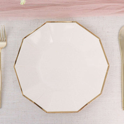 25-Pack Paper Decagon Dinner Plates 9" White with Gold Foil Rim - Geometric Disposable Party Plates for Banquets & Celebrations
