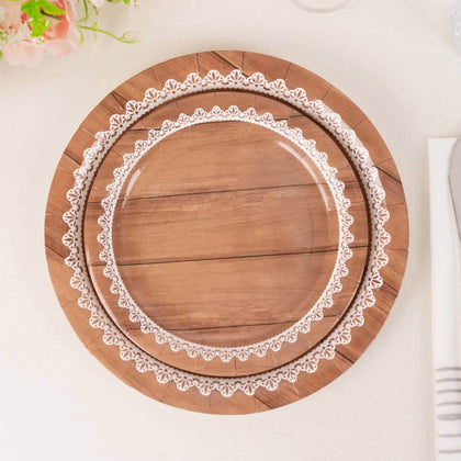25-Pack Paper Round Dessert Plates 7" Brown Wood Grain Print with White Floral Lace Rim - Rustic Farmhouse Style Disposable Appetizer Salad Plates