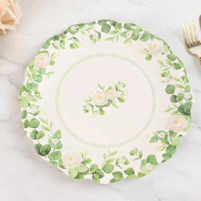 25-Pack Paper Round Dinner Plates 11" White with Floral Greenery & Scalloped Edges - Disposable Party Plates for Rustic Weddings & Garden Brunches