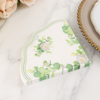 25-Pack Round Paper Cocktail Napkins 2 Ply 6.25"x6.25" White with Floral Greenery and Scalloped Edge - Soft Beverage Napkins