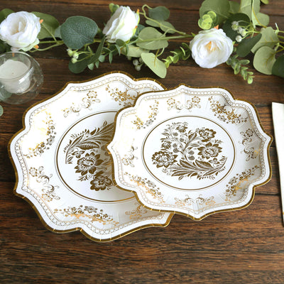 25-Pack Paper Dessert Plates 8" White with Gold Damask Floral Print & Scallop Rim - 300GSM Disposable Floral Salad Appetizer Plates for Chic Weddings