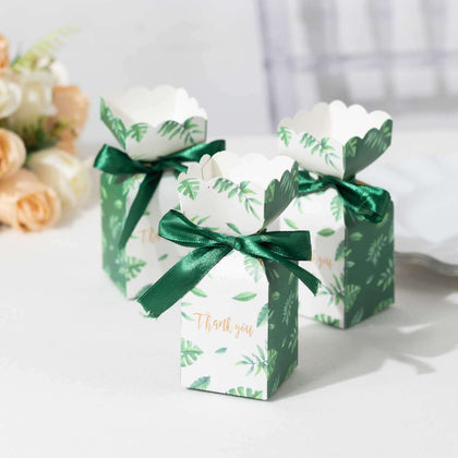 25 Pack White Green Leaf Print Satin Ribbon Party Favor Boxes With Floral Top, Cardstock Paper Candy Gift Boxes - 2"x5"