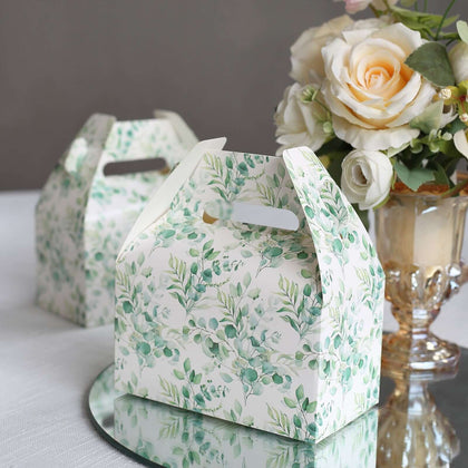 25 Pack White Green Party Favor Gift Tote Gable Boxes with Eucalyptus Leaves Print, Candy Treat Boxes - 6"x3.5"x7"