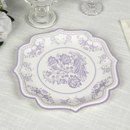 25-Pack Paper Dessert Plates 8" White with Lavender Lilac Damask Floral Print & Scallop Rim - 300GSM Disposable Floral Salad Appetizer Plates