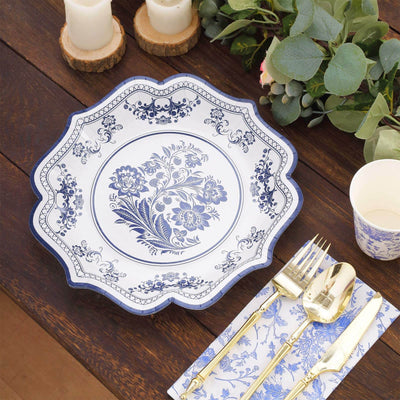 25-Pack Paper Dinner Plates 10" White Light Blue Damask Floral Print & Scallop Rim - 300GSM Disposable Floral Party Plates