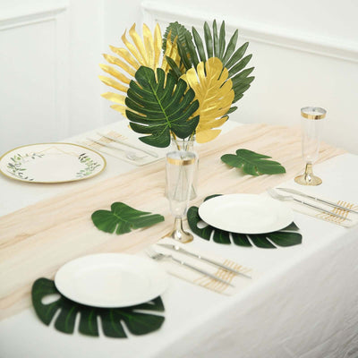 28 Pack Green and Gold Artificial Tropical Monstera Leaf Stems, Assorted Silk Jungle Foliage for Event & Party Decor