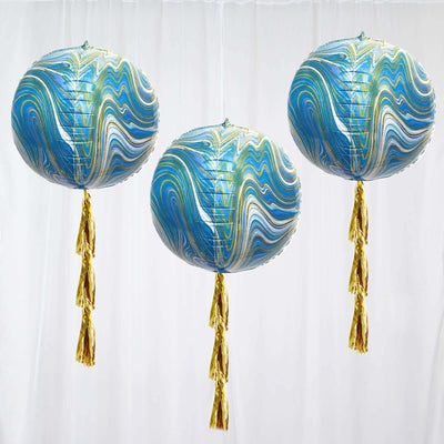 3 Pack Blue/Gold Marble Sphere Foil Helium or Air Balloons 13" 4D