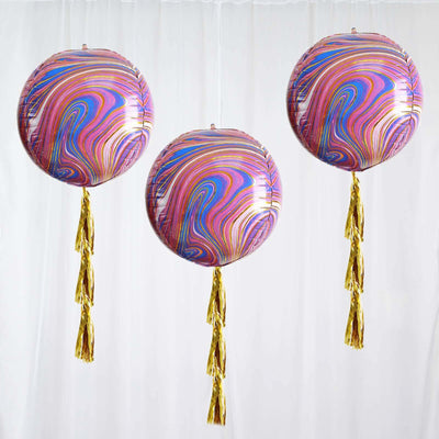 3 Pack Purple/Gold Marble Orbz Foil Balloons, 4D Sphere Mylar Balloons 13"