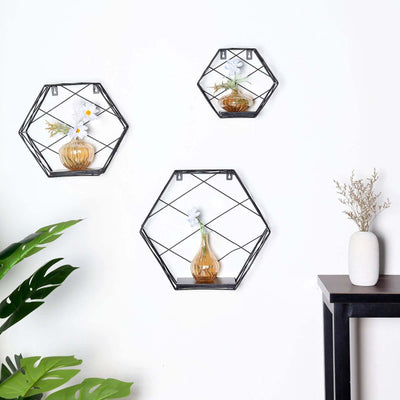 3 Pack Black Hexagonal Floating Wall Shelves, Decorative Geometric Wall Mounted Shelves 9",12",14"