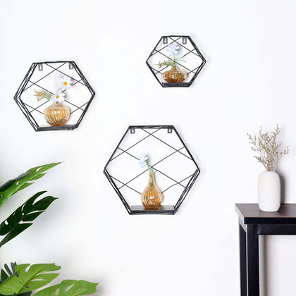 3 Pack Black Hexagonal Floating Wall Shelves, Decorative Geometric Wall Mounted Shelves 9",12",14"
