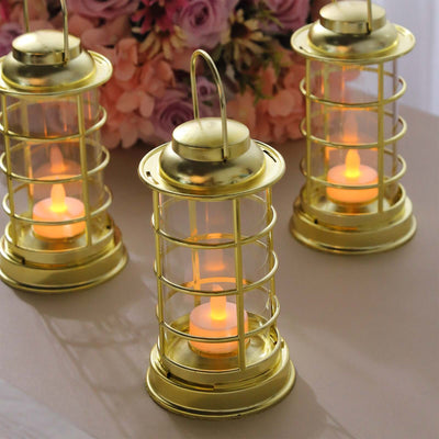 3-Pack LED Mini Lantern Lamps Gold 7" - Battery Operated Decorative Tealight Candles
