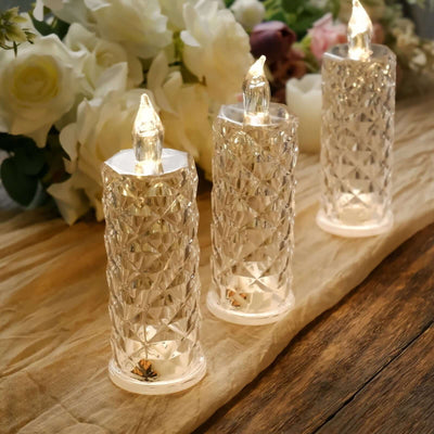 3-Pack LED Pillar Candle Lamps Warm White 6" - Flameless Rose Halo Acrylic Diamond Pattern Lighting